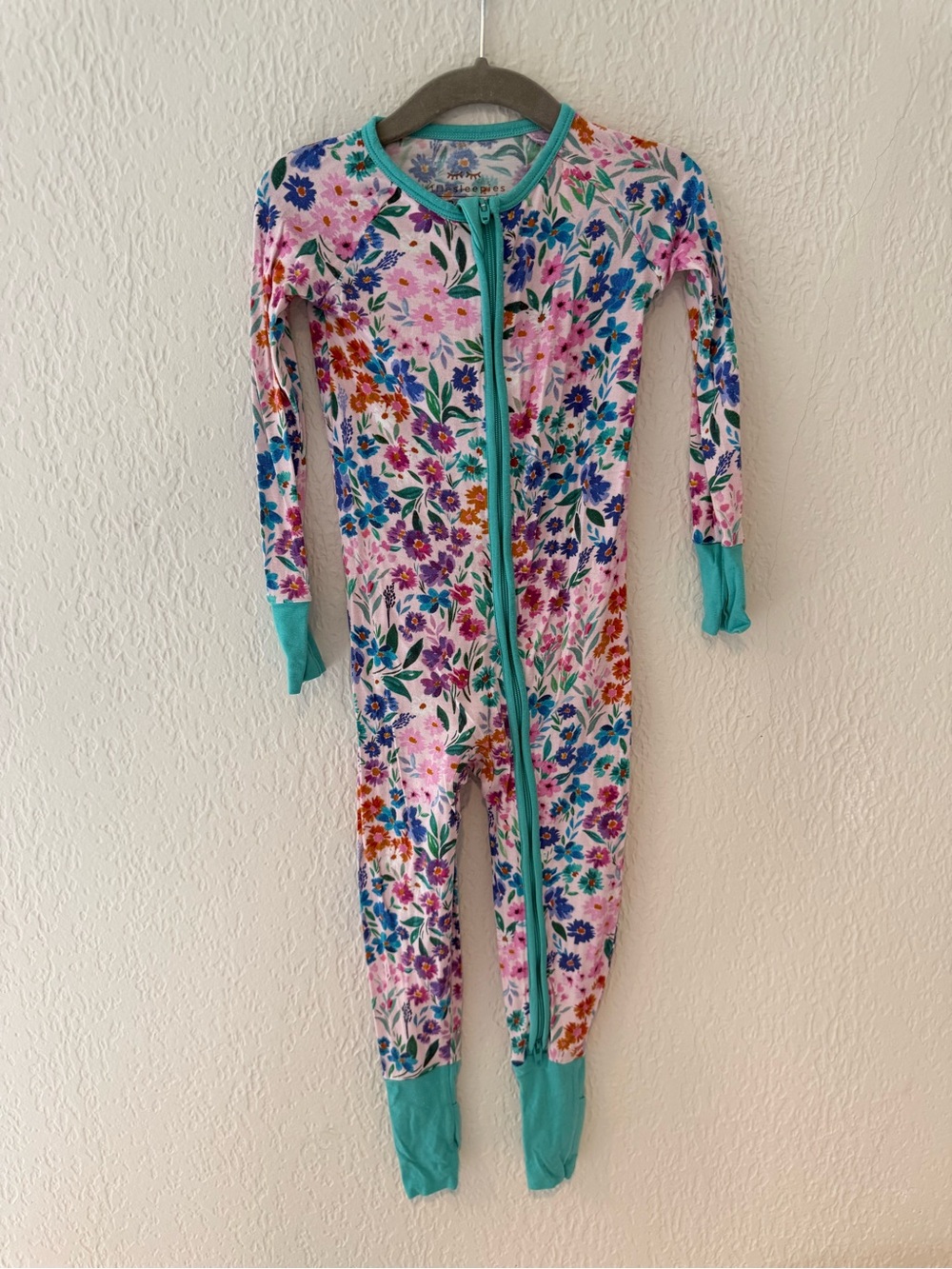 Little Sleepies Pink Floral Zip Footie with Teal Trim